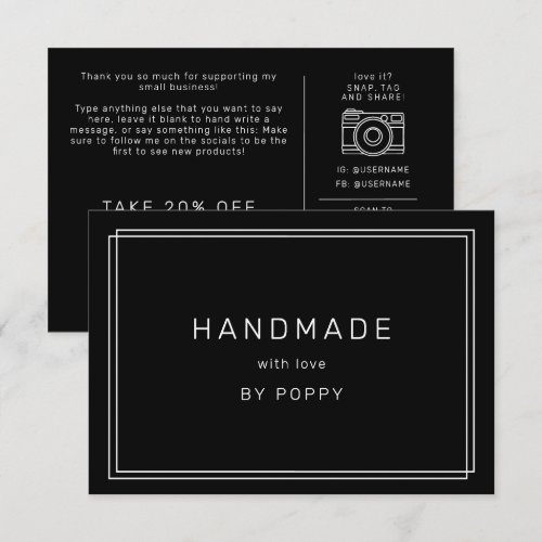 AVERY Modern Dark Black Handmade Thank You Order Enclosure Card