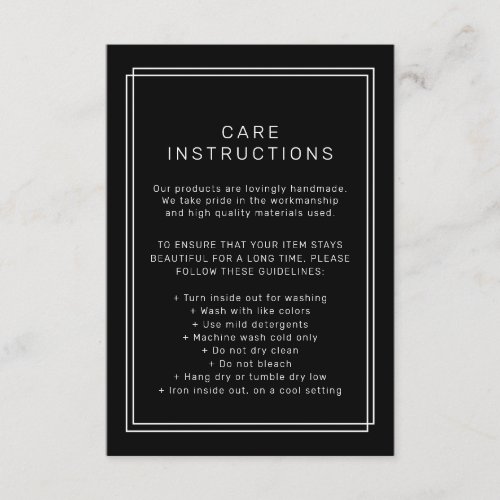 AVERY Modern Dark Black Product Care Instructions Enclosure Card