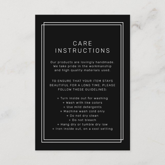 AVERY Modern Dark Black Product Care Instructions Enclosure Card (Front)