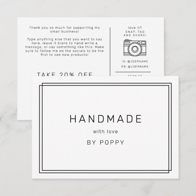 AVERY Modern Minimalist Handmade Thank You Order Enclosure Card (Front/Back)