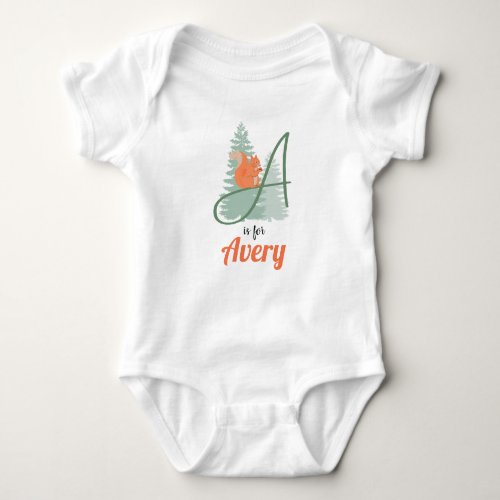 Avery Name Reveal Letter A Woodland Boy Squirrel Baby Bodysuit