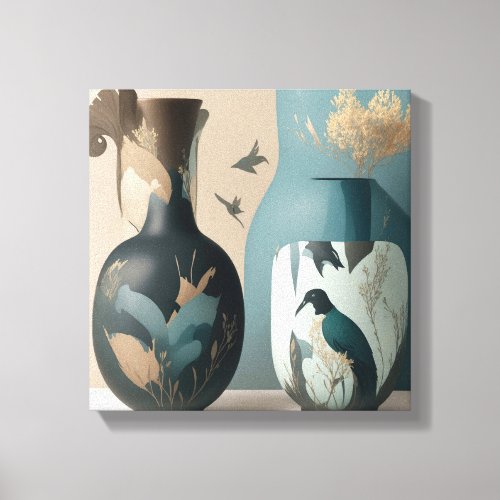 Avian Elegance Artistic Bird and Floral Vase Deco Canvas Print