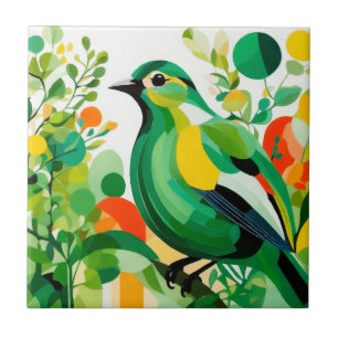 Avian Elegance, Green Abstract Bird On Tree Branch Ceramic Tile