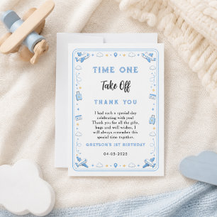 Aviation Blue Airplane Time One 1st Birthday Thank You Card