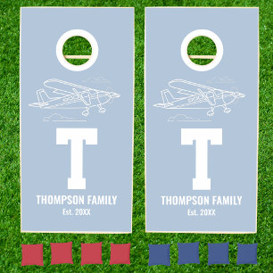 Aviation Blue Modern Family Monogram Name Airplane Cornhole Set