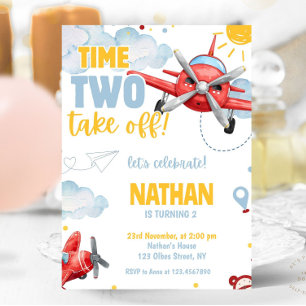 Aviation Boys Blue Airplane Travel 2nd Birthday Invitation