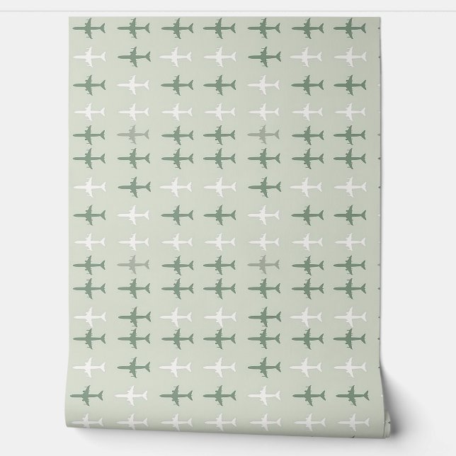 Aviation Dream Soft Green Airplane Pattern Wallpaper (Unrolling)