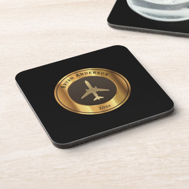 Aviation - Gold Airplane Logo Beverage Coaster (Left Side)