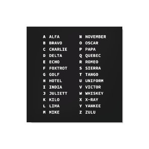 Aviation Phonetic Alphabet Code - Black & White Canvas Print