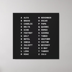 Aviation Phonetic Alphabet Code - Black & White Canvas Print