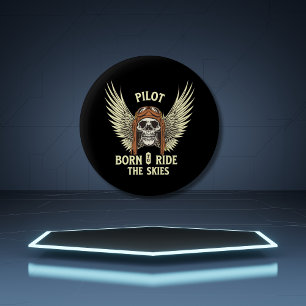 Aviation Pilot Born To Ride Skies Skeleton & Wings Button