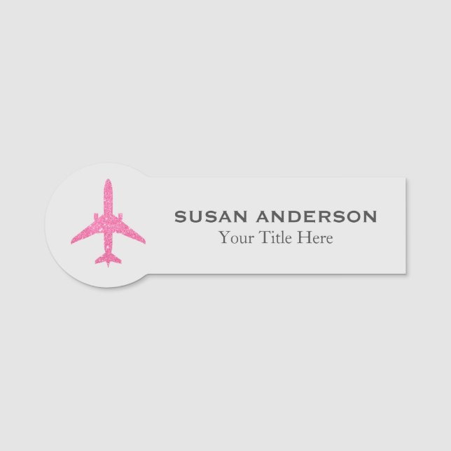 Aviation - Pink Glitter Airplane Name Tag (Front)
