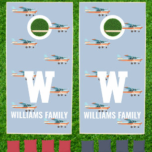 Aviation Retro Blue Pilot Family Monogram Airplane Cornhole Set