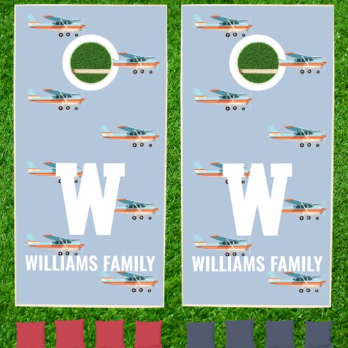 Aviation Retro Blue Pilot Family Monogram Airplane Cornhole Set