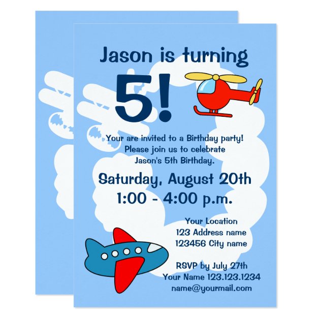 Aviation Theme Birthday Party Invitations For Kids