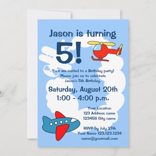 Aviation theme Birthday party invitations for kids