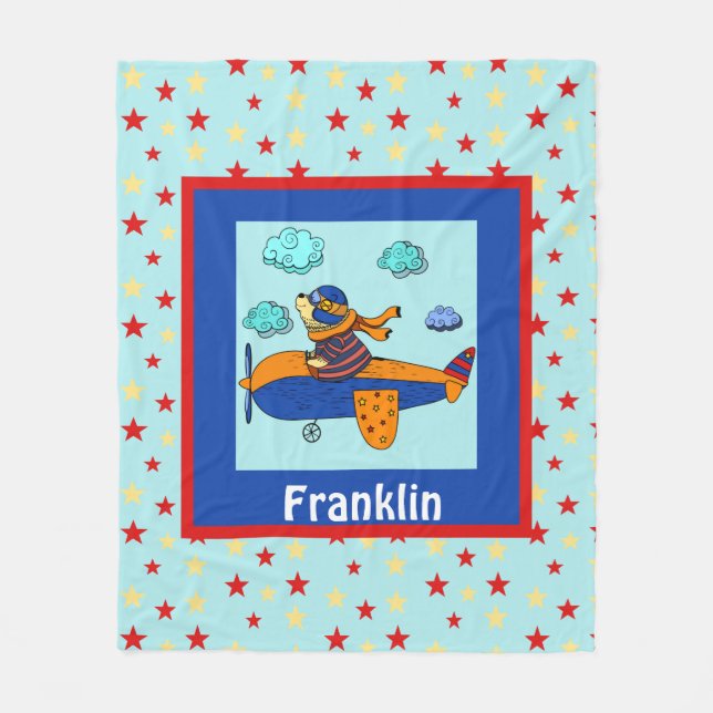 Aviator Bear, Cute Personalized Kid's Fleece Blanket (Front)