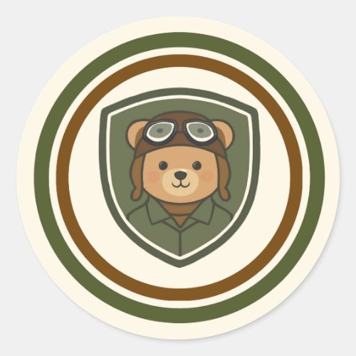 Aviator Bear Military Round Classic Sticker