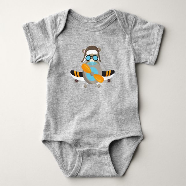 Aviator Bear, Pilot Bear, Airplane, Cute Bear Baby Bodysuit (Front)