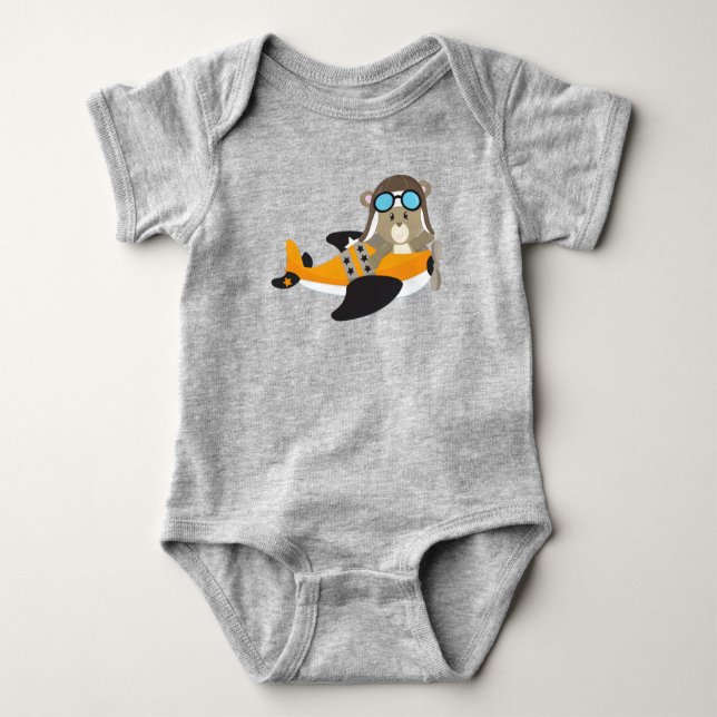 Aviator Bear, Pilot Bear, Cute Bear, Airplane Baby Bodysuit (Front)