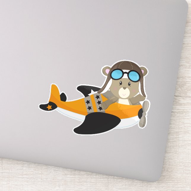 Aviator Bear, Pilot Bear, Cute Bear, Airplane Sticker (Detail)