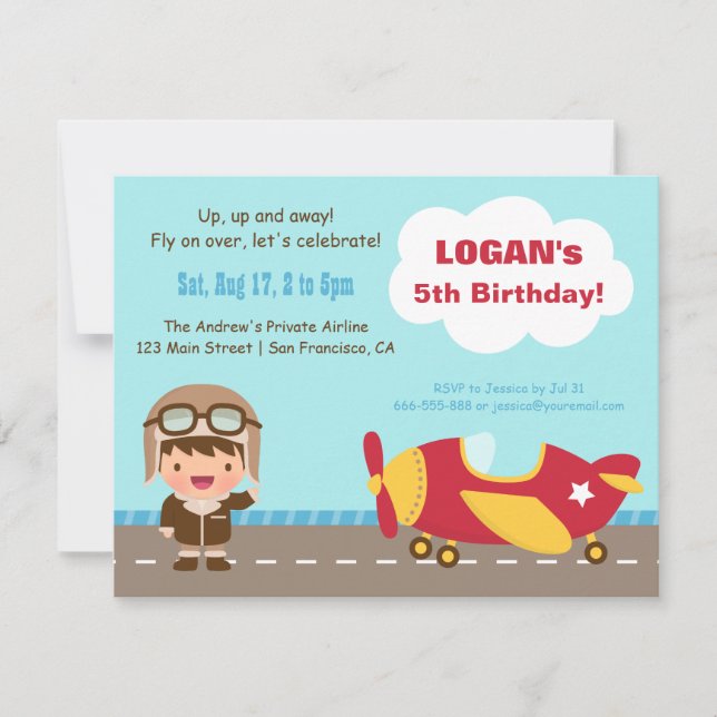 Aviator Boy Airplane Birthday Party Invitations (Front)
