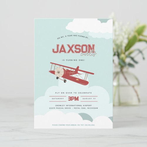 Aviator First Birthday Retro Airplane Invitation