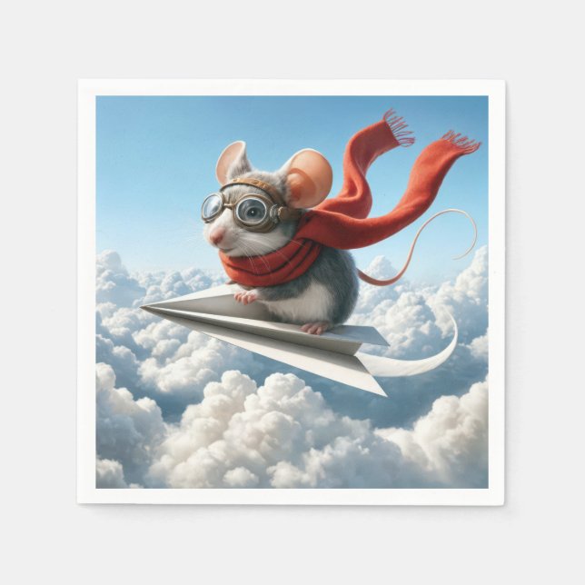 Aviator Mouse Piloting a Paper Airplane Napkins (Front)