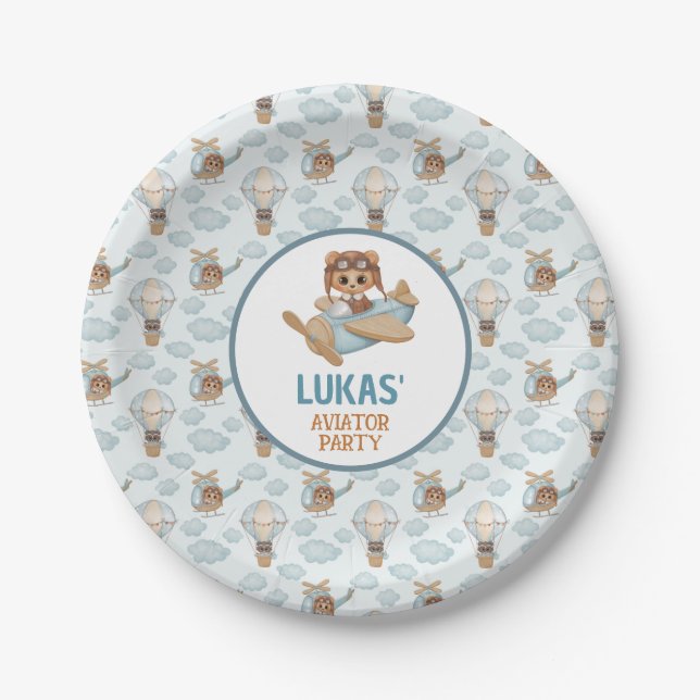 Aviator Party Baby Bear Pastel Blue Birthday Paper Plates (Front)