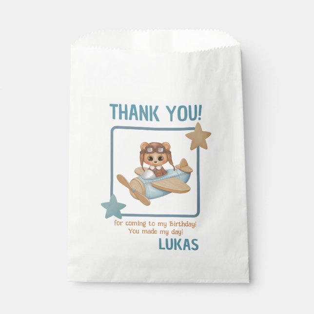 Aviator Party Bear Birthday Thank you Favor Bag (Front)
