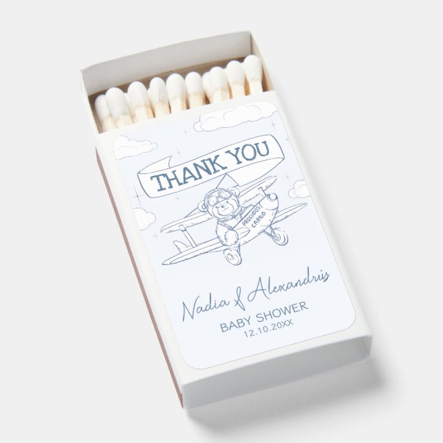 Aviator Pilot Precious Cargo Baby Shower Thank You Matchboxes (Front Open)