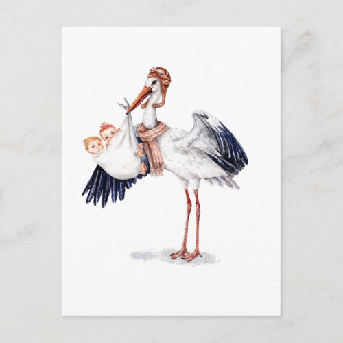 Aviator Stork Carrying Twins Postcard