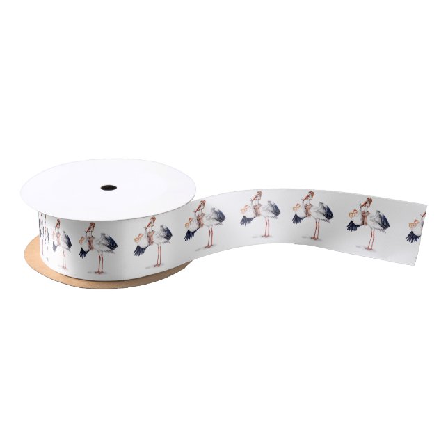 Aviator Stork Carrying Twins Satin Ribbon (Spool)