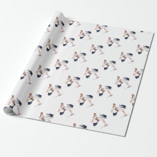 Aviator Stork Carrying Twins Wrapping Paper