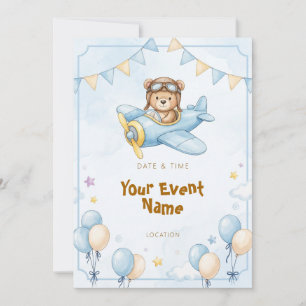 Aviator Teddy Bear Blue Airplane Invitation