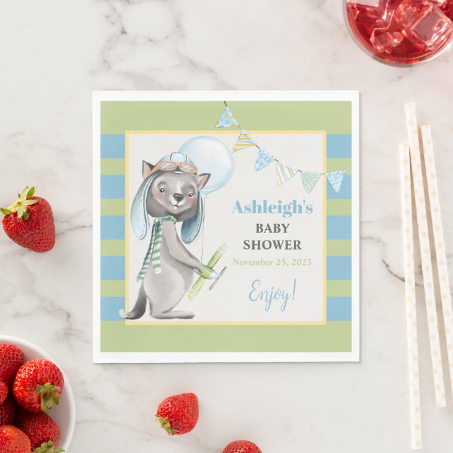 Aviator Wolf, Striped Baby Shower Napkins (Insitu)