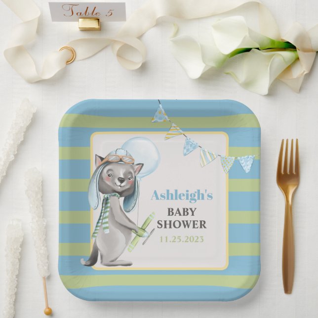 Aviator Wolf, Striped Baby Shower Paper Plates (Wedding)