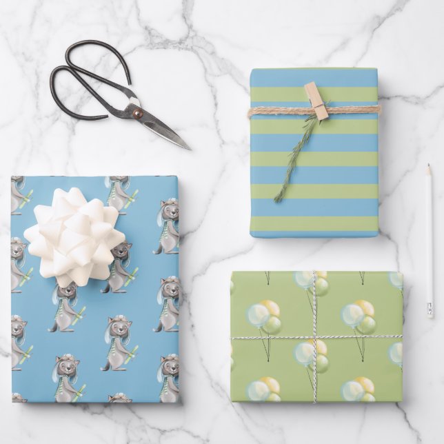 Aviator Wolf, Striped, Balloons Wrapping Paper Sheets (Front)