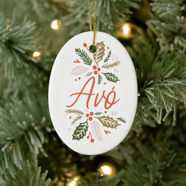Avó Bright Holly Christmas Photo Ceramic Ornament (Tree)