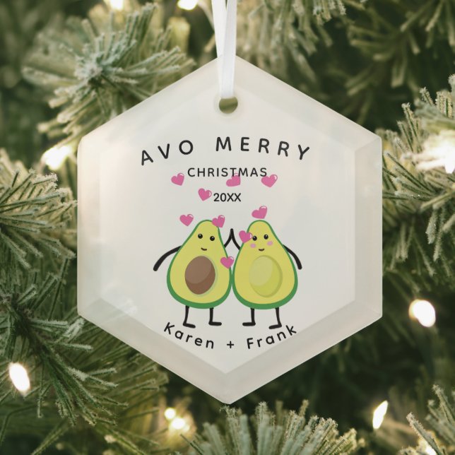 Avo Merry Christmas! Adorable Avocado Couple Glass Ornament (Insitu)