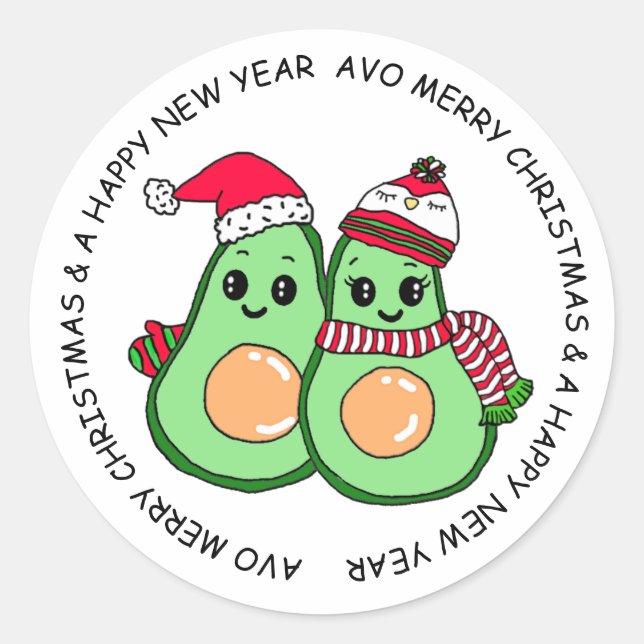 Avo Merry Christmas Avocado Humor Holiday Classic Round Sticker (Front)