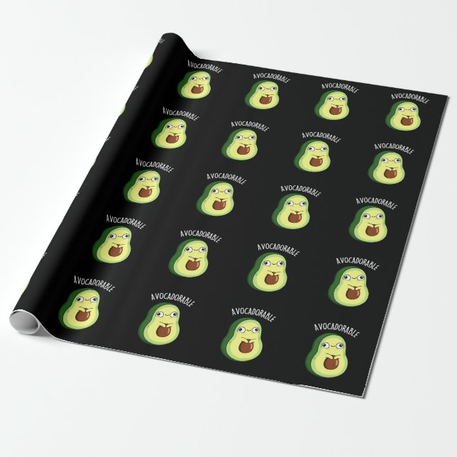 Avoc-adorable Funny Avocado Pun Dark BG Wrapping Paper (Unrolled)