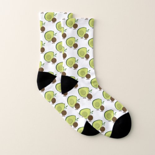 Avocado and Avocado Pit Characters White Green Socks