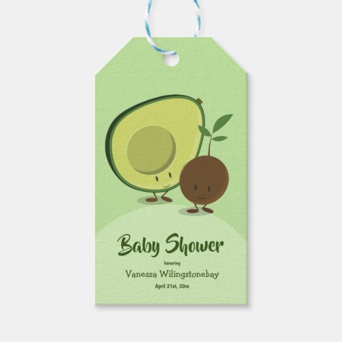 Avocado and Pit Cartoon Character Baby Shower Gift Tags
