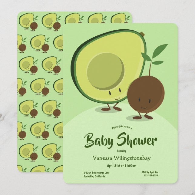 Avocado and Pit Cartoon Character Baby Shower Invitation (Front/Back)