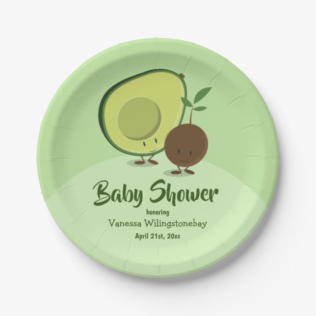 Avocado and Pit Cartoon Character Baby Shower Paper Plates (Front)