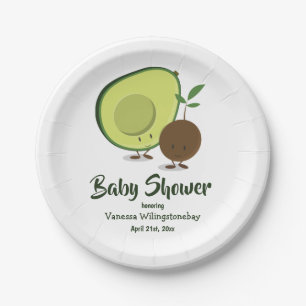 Avocado and Pit Cartoon Green White Baby Shower Paper Plates