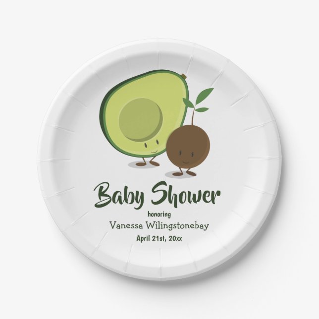 Avocado and Pit Cartoon Green White Baby Shower Paper Plates (Front)