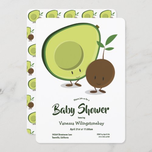 Avocado and Pit Cartoon White Green Baby Shower Invitation