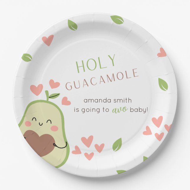 Avocado Baby Shower, Baby Girl, Cute Avocado Paper Plates (Front)